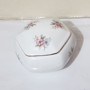 Vintage Enesco Porcelain Ceramic Hexagon Trinket Box